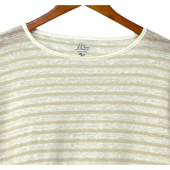 J.Crew 100% Linen Tee Top Tan White Striped Boxy Relaxed 3/4 Sleeve Slub Size M - Picture 2 of 8